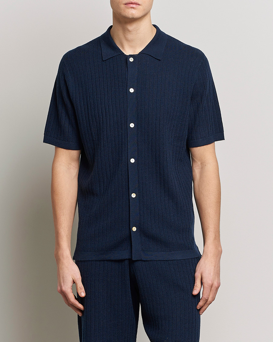 Herr | Pikéer | Stenströms | Merino/Lyocell Ribbed Buttoned Polo Shirt Navy