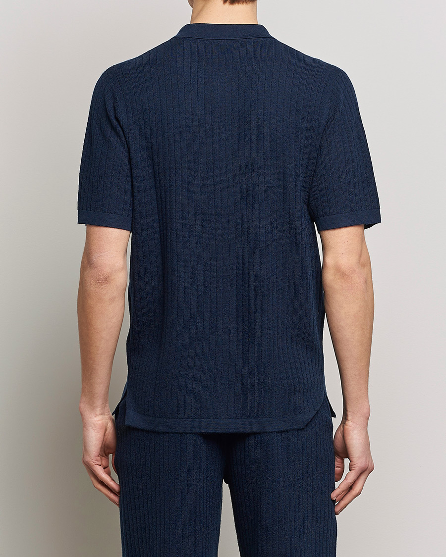Herr | Pikéer | Stenströms | Merino/Lyocell Ribbed Buttoned Polo Shirt Navy
