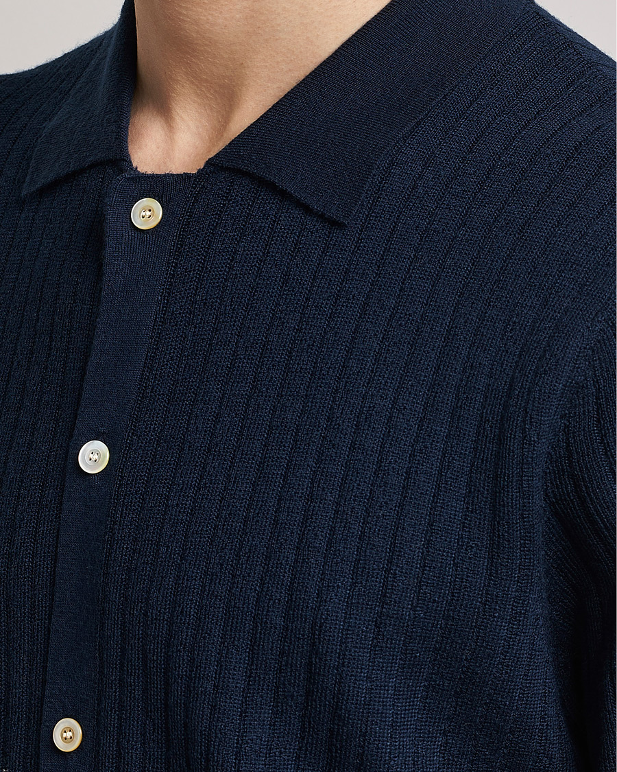 Herr | Pikéer | Stenströms | Merino/Lyocell Ribbed Buttoned Polo Shirt Navy