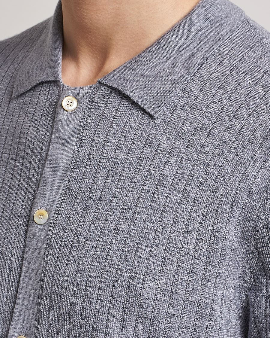 Herr | Pikéer | Stenströms | Merino/Lyocell Ribbed Buttoned Polo Shirt Grey