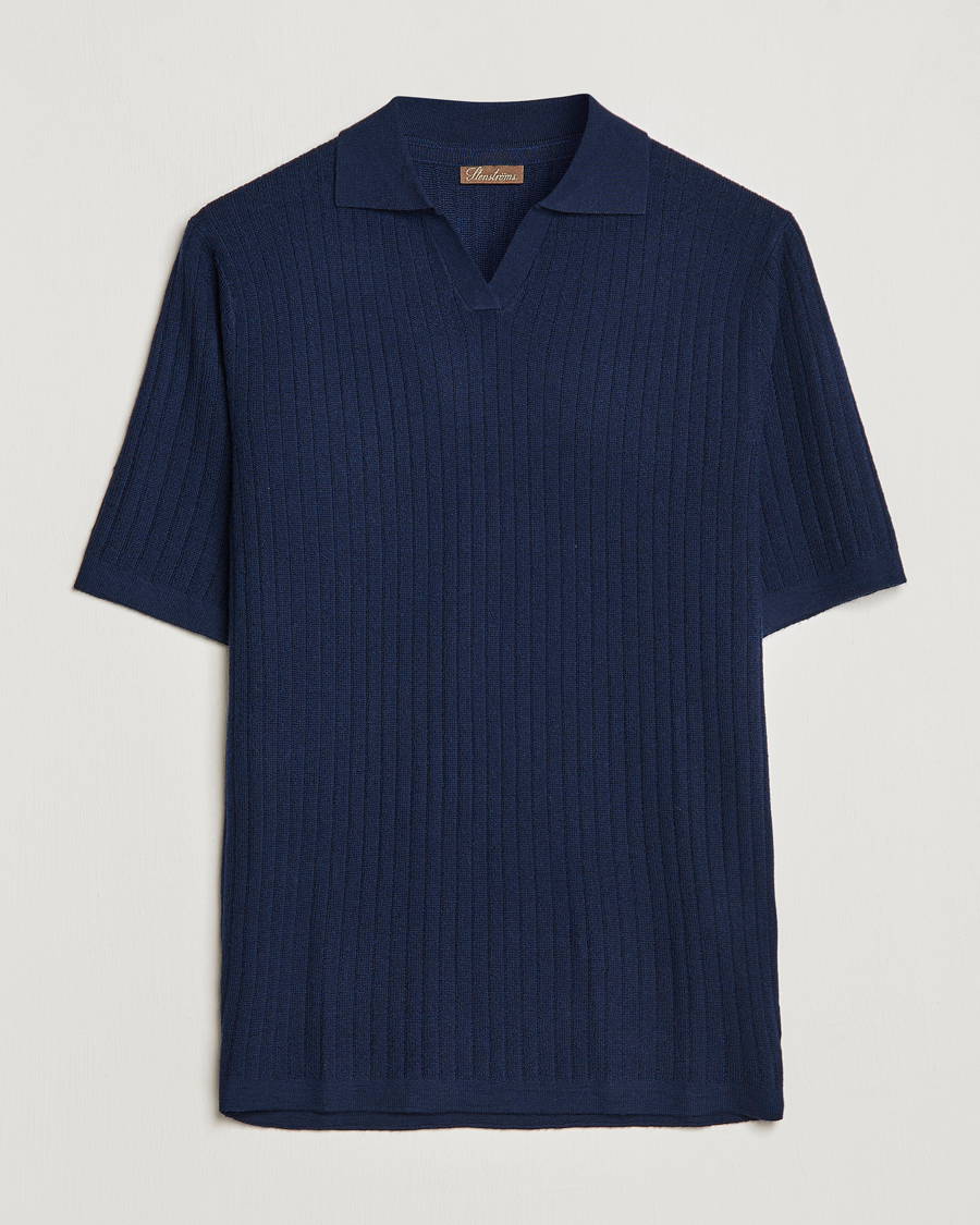 Herr | Pikéer | Stenströms | Merino/Lyocell Ribbed Open Collar Polo Navy