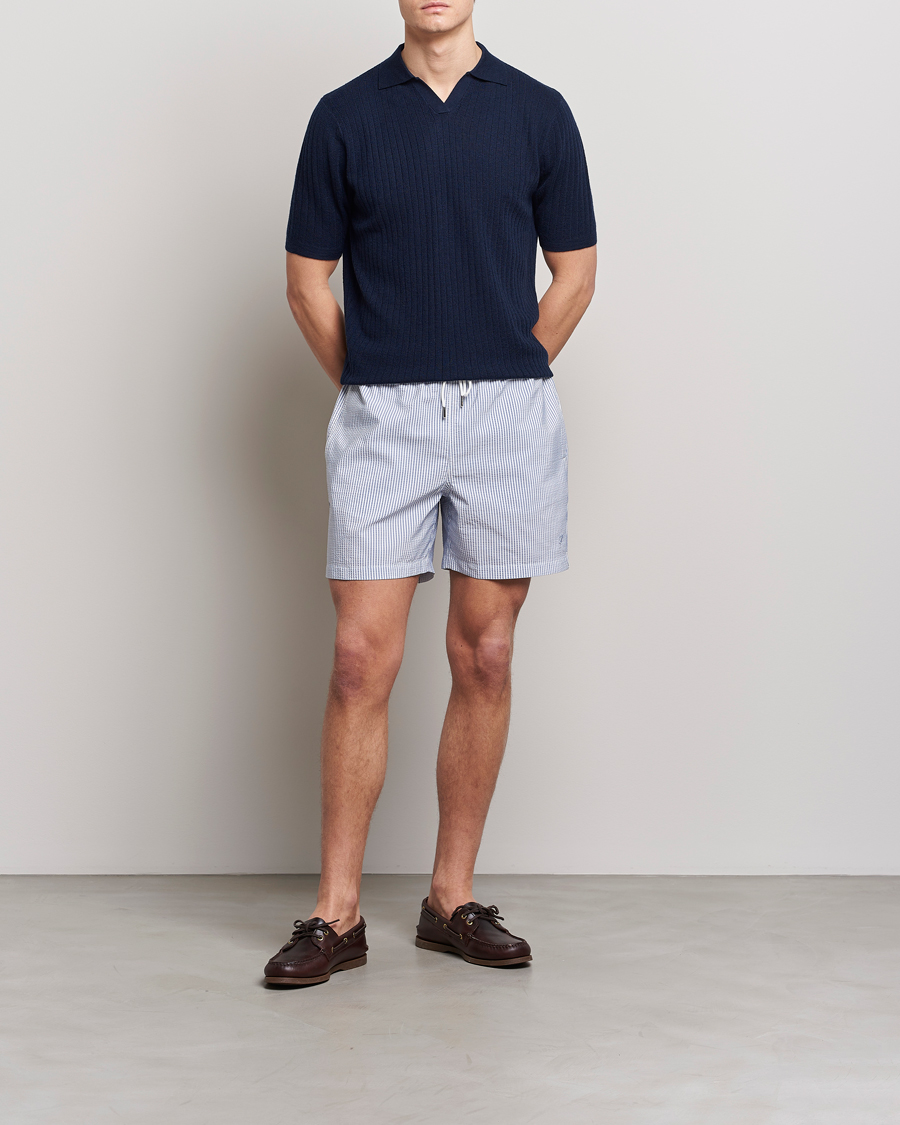 Herr | Pikéer | Stenströms | Merino/Lyocell Ribbed Open Collar Polo Navy