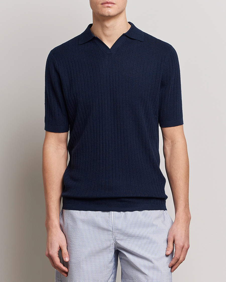 Herr | Pikéer | Stenströms | Merino/Lyocell Ribbed Open Collar Polo Navy