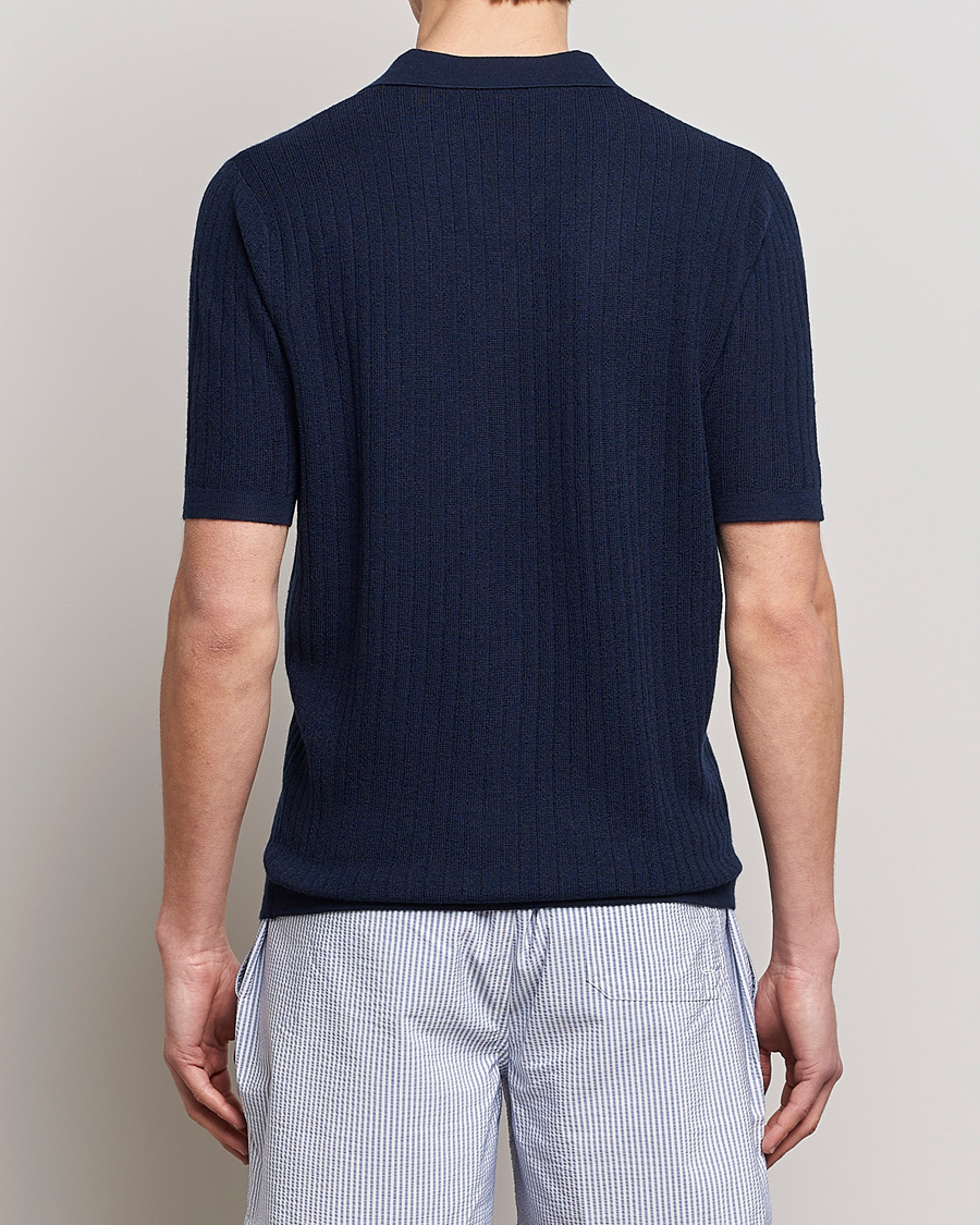Herr | Pikéer | Stenströms | Merino/Lyocell Ribbed Open Collar Polo Navy