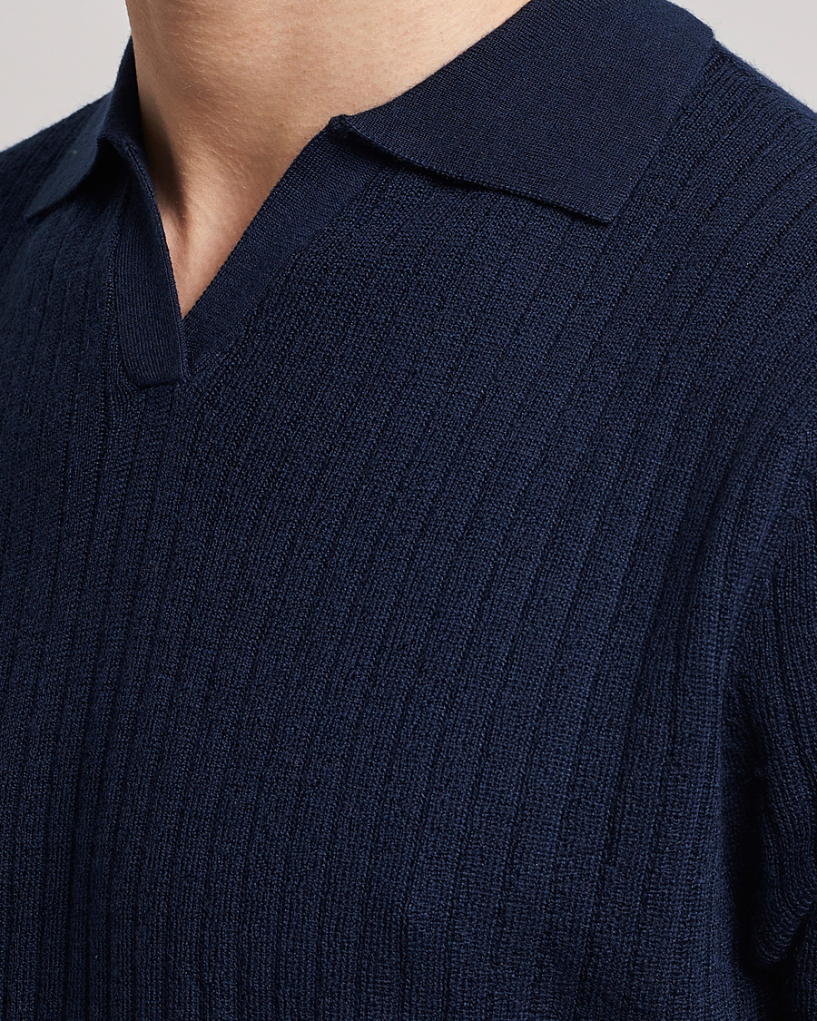 Herr | Pikéer | Stenströms | Merino/Lyocell Ribbed Open Collar Polo Navy