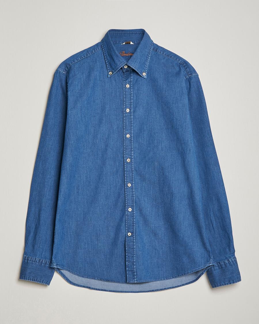 Herr | Skjortor | Stenströms | Fitted Body Button Down Garment Washed Shirt Mid Blue Denim