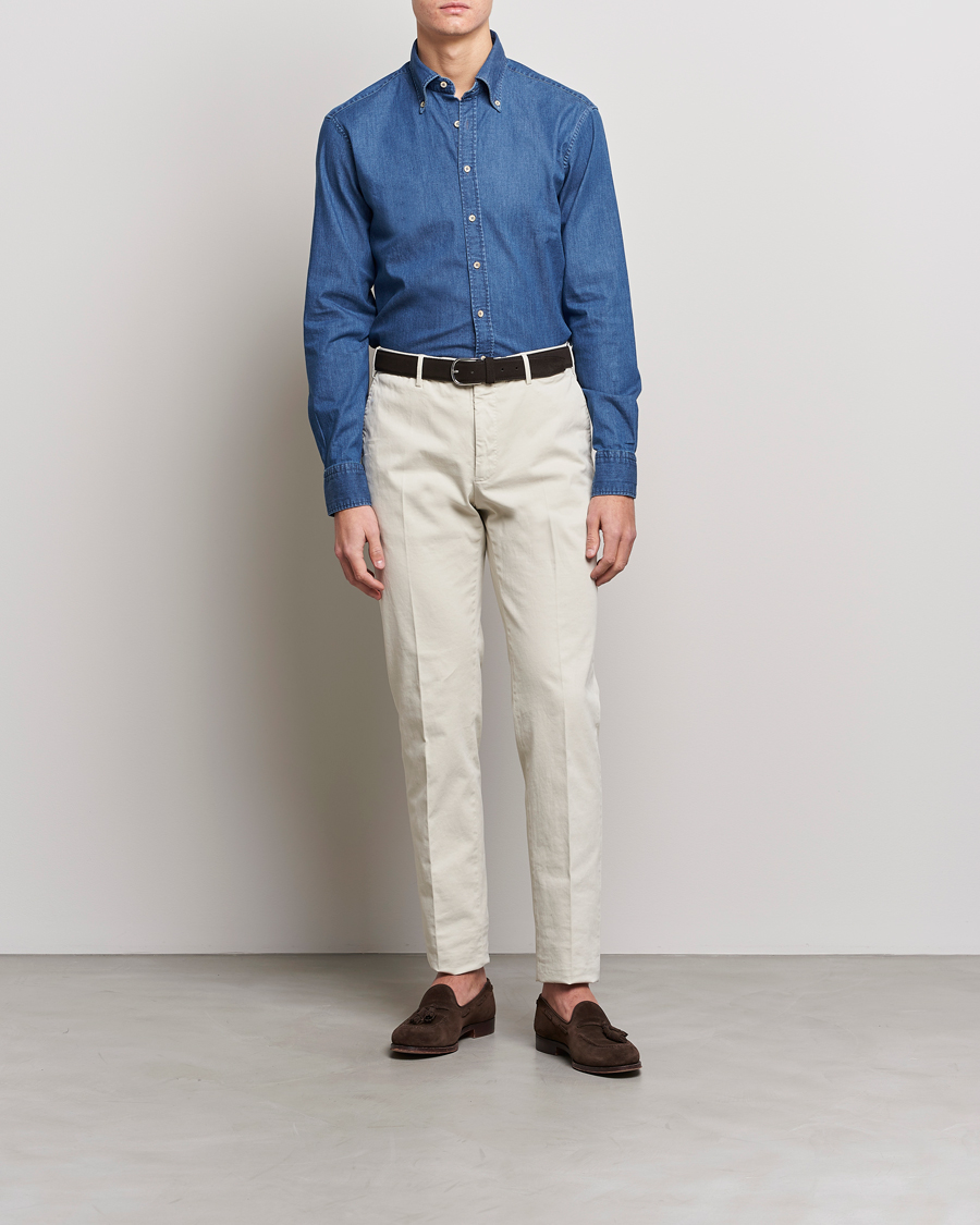 Herr |  | Stenströms | Fitted Body Button Down Garment Washed Shirt Mid Blue Denim