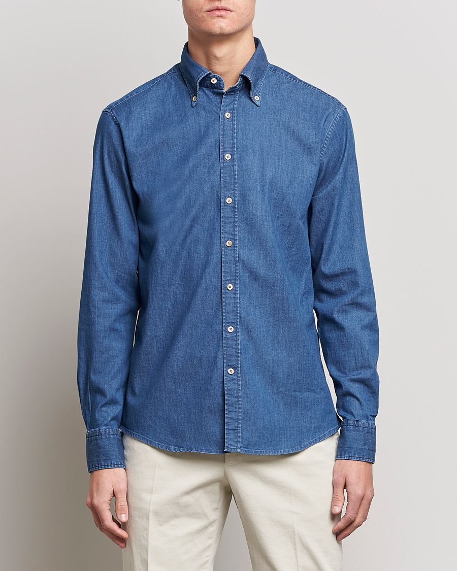 Herr |  | Stenströms | Fitted Body Button Down Garment Washed Shirt Mid Blue Denim