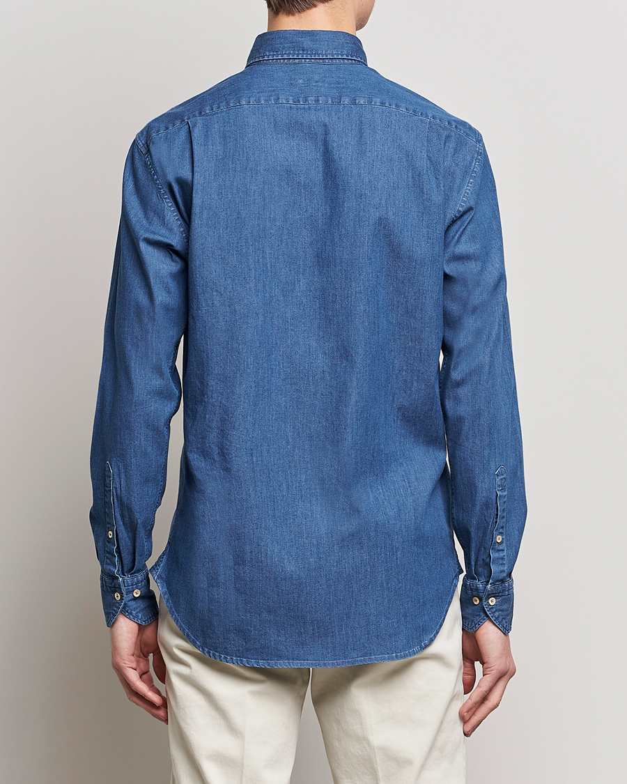 Herr | Skjortor | Stenströms | Fitted Body Button Down Garment Washed Shirt Mid Blue Denim