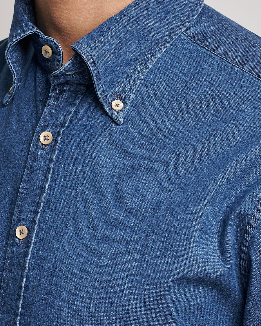 Herr | Skjortor | Stenströms | Fitted Body Button Down Garment Washed Shirt Mid Blue Denim