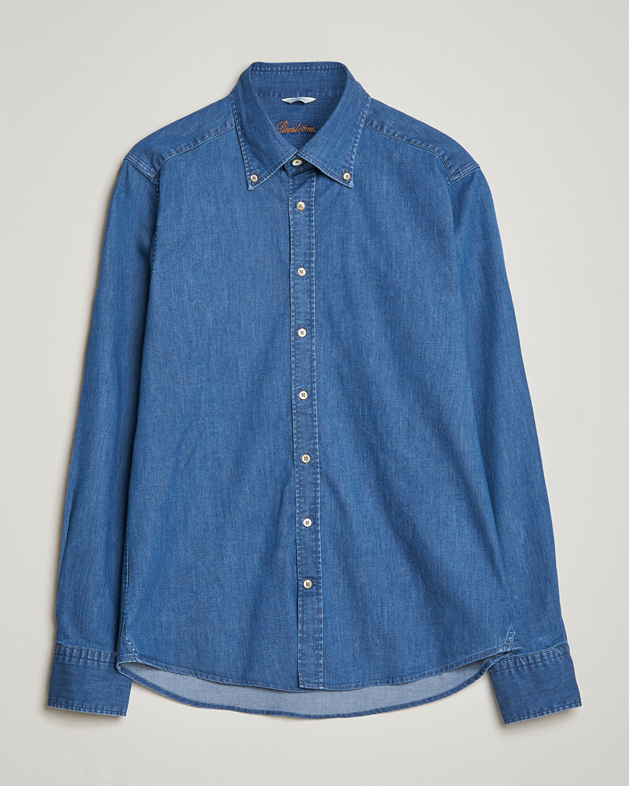 Herr |  | Stenströms | Slimline Button Down Garment Washed Shirt Mid Blue Denim