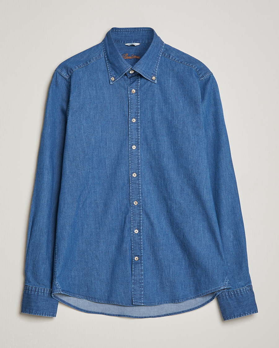 Herr | Skjortor | Stenströms | Slimline Button Down Garment Washed Shirt Mid Blue Denim