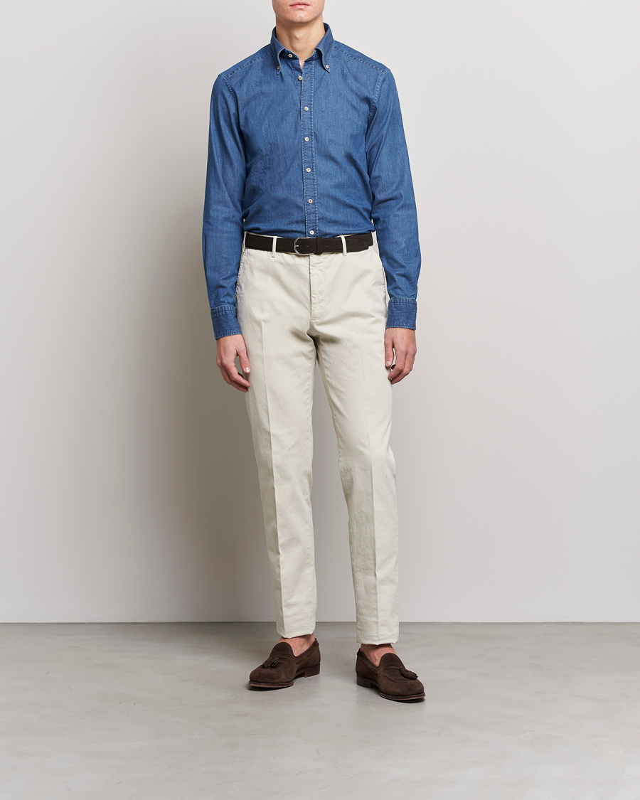 Herr | Skjortor | Stenströms | Slimline Button Down Garment Washed Shirt Mid Blue Denim