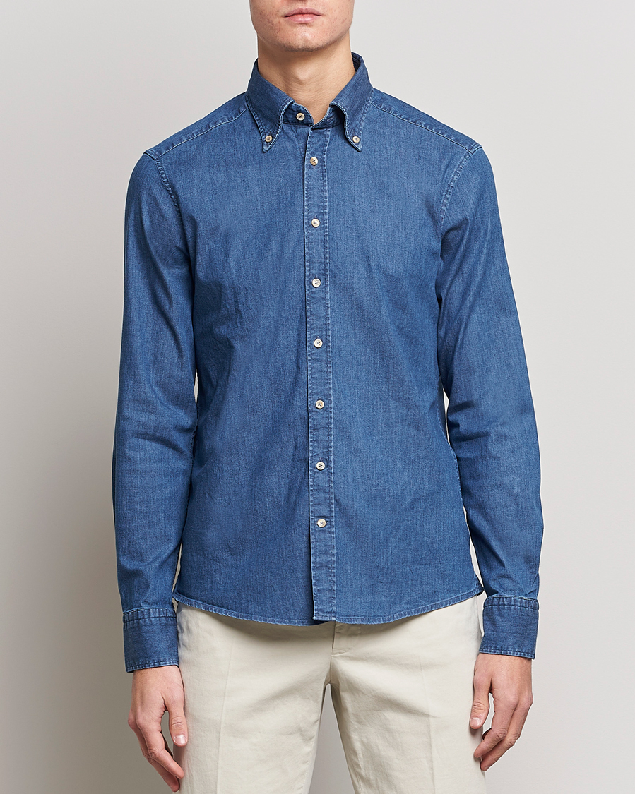 Herr |  | Stenströms | Slimline Button Down Garment Washed Shirt Mid Blue Denim