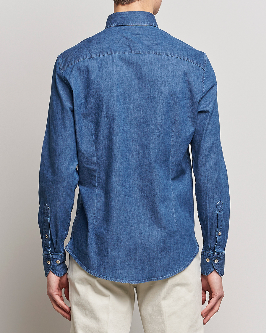 Herr | Skjortor | Stenströms | Slimline Button Down Garment Washed Shirt Mid Blue Denim