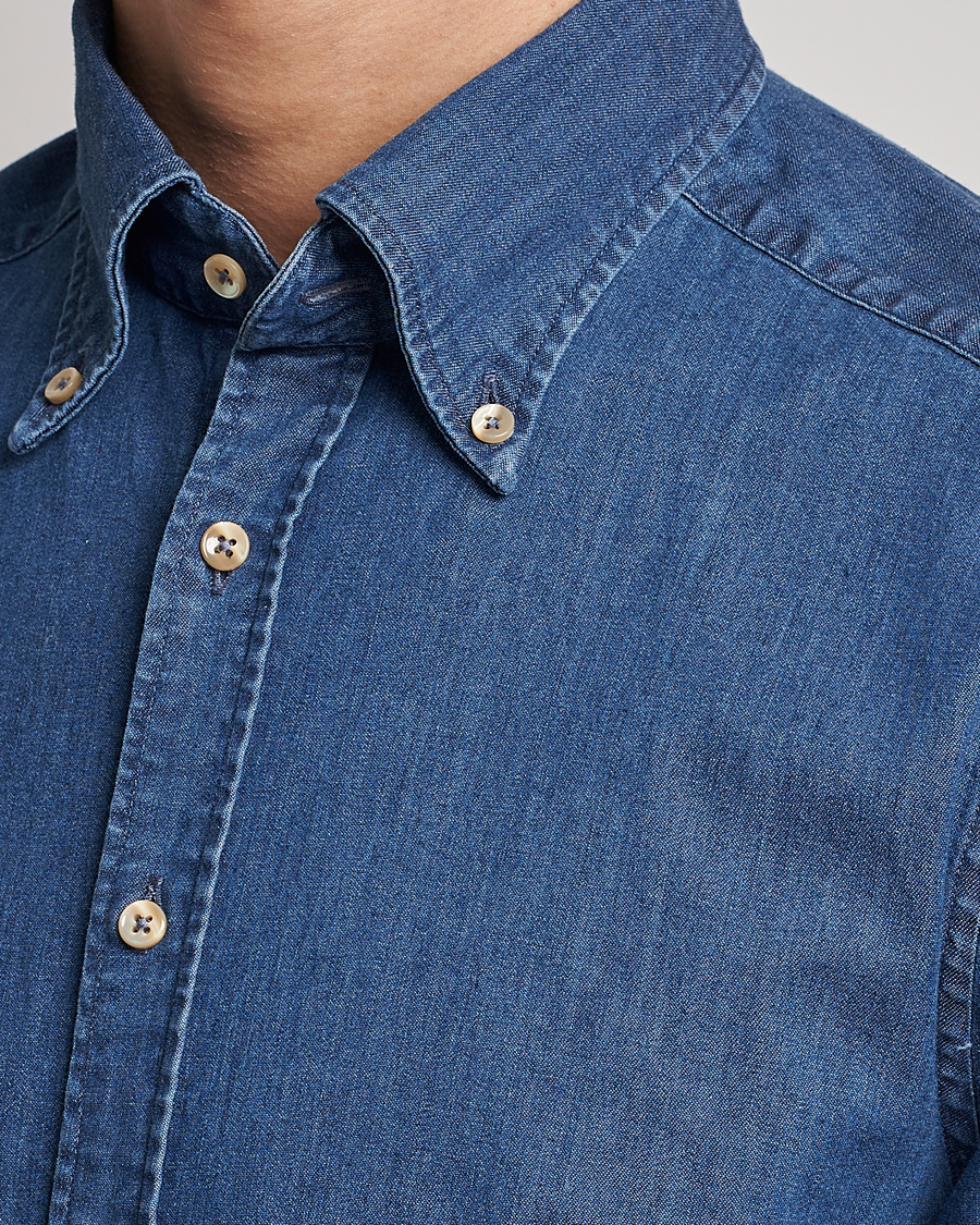 Herr | Skjortor | Stenströms | Slimline Button Down Garment Washed Shirt Mid Blue Denim