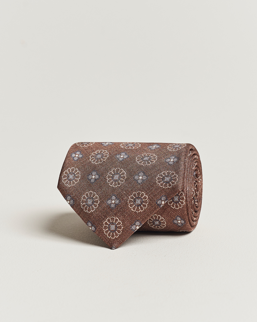 Herr | Stenströms Flower Printed Silk Tie Brown | Stenströms | Flower Printed Silk Tie Brown