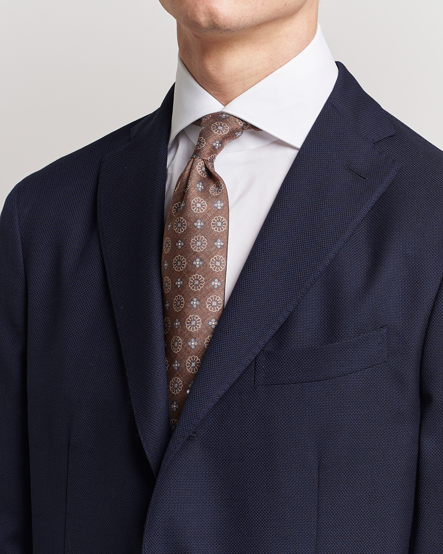 Herr | Stenströms Flower Printed Silk Tie Brown | Stenströms | Flower Printed Silk Tie Brown