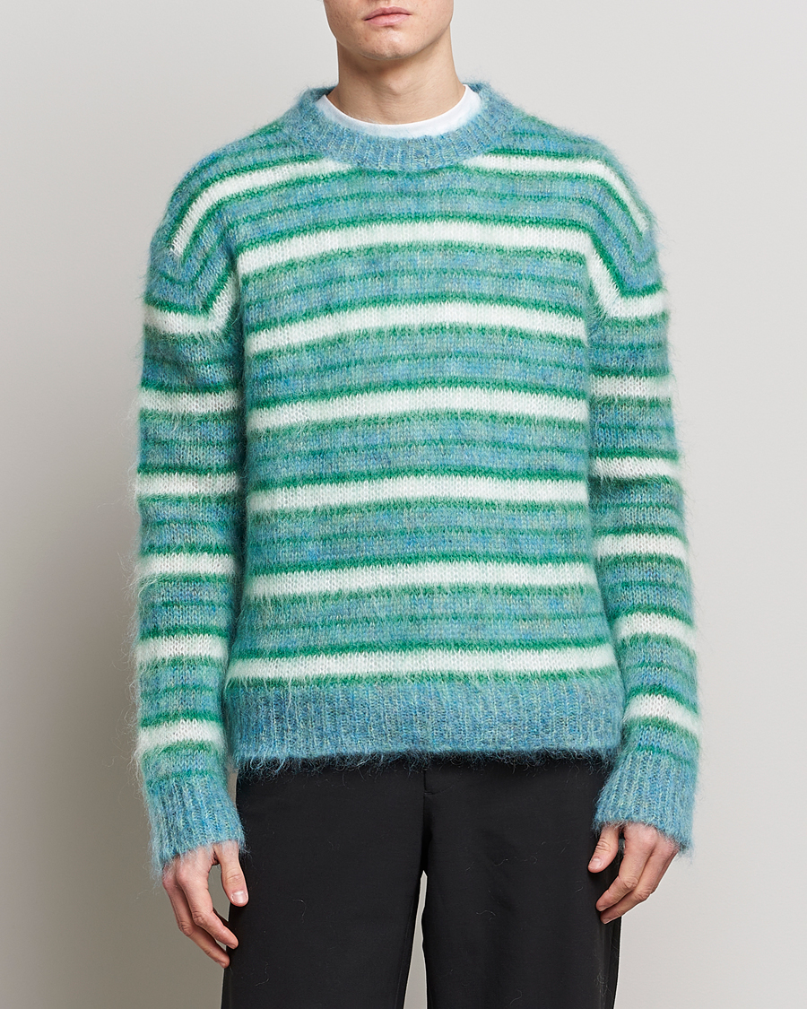 Herr | Stickade tröjor | Marni | Striped Mohair Sweater Turquoise