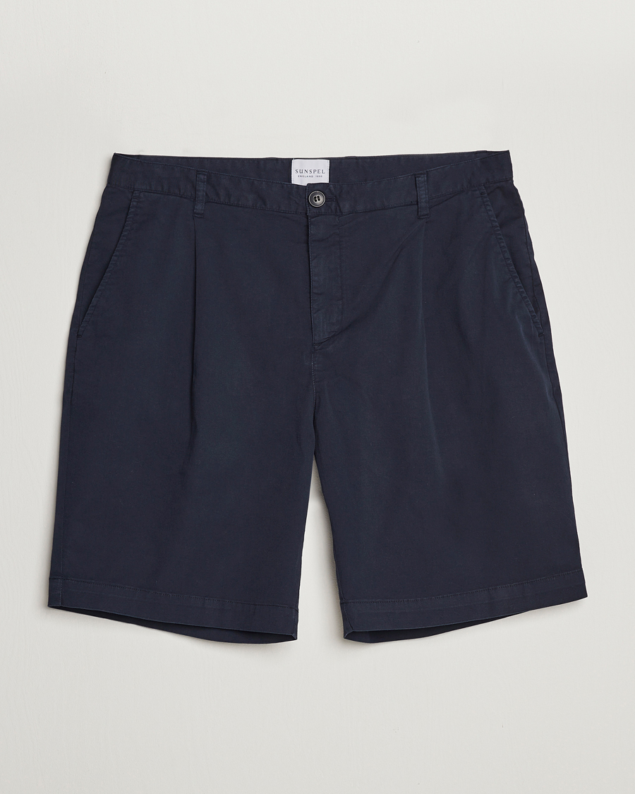 Herr | Shorts | Sunspel | Pleated Stretch Cotton Twill Shorts Navy