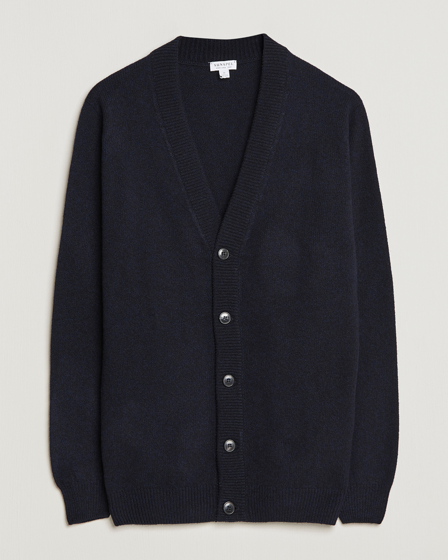 Herr | Tröjor | Sunspel | Lambswool Cardigan Dark Navy Mouline