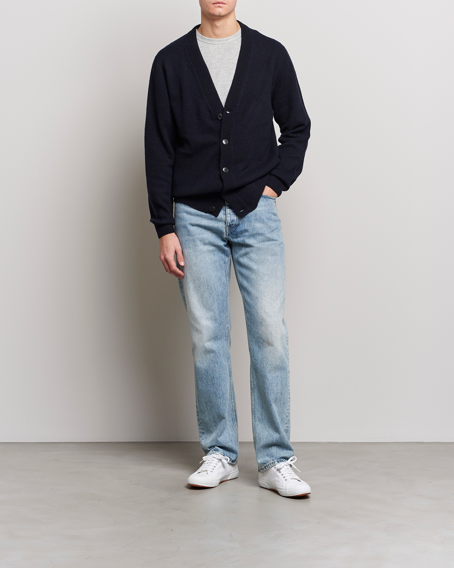 Herr | Tröjor | Sunspel | Lambswool Cardigan Dark Navy Mouline