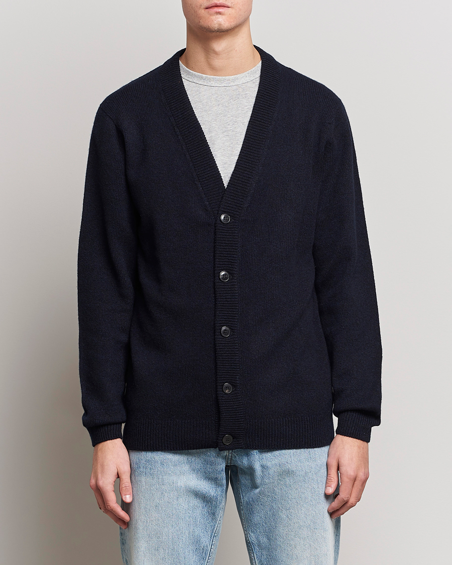 Herr | Tröjor | Sunspel | Lambswool Cardigan Dark Navy Mouline
