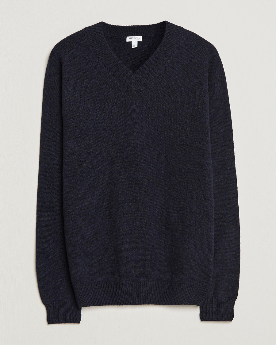 Herr | Tröjor | Sunspel | Lambswool V-Neck Dark Navy Mouline