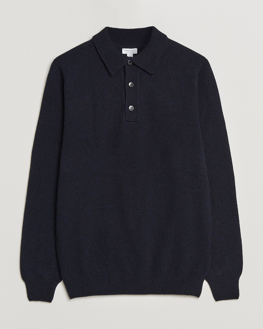 Herr | Tröjor | Sunspel | Lambswool Poloshirt Dark Navy Mouline