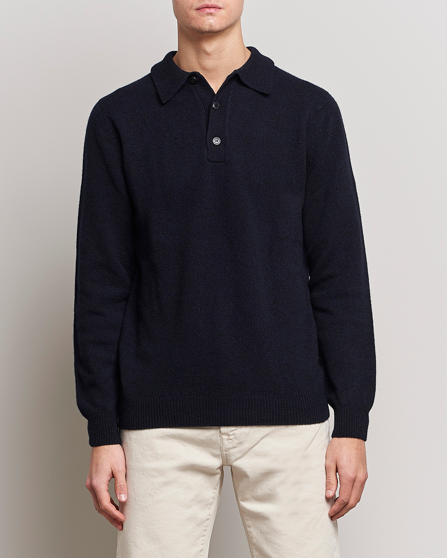 Herr | Stickade pikéer | Sunspel | Lambswool Poloshirt Dark Navy Mouline