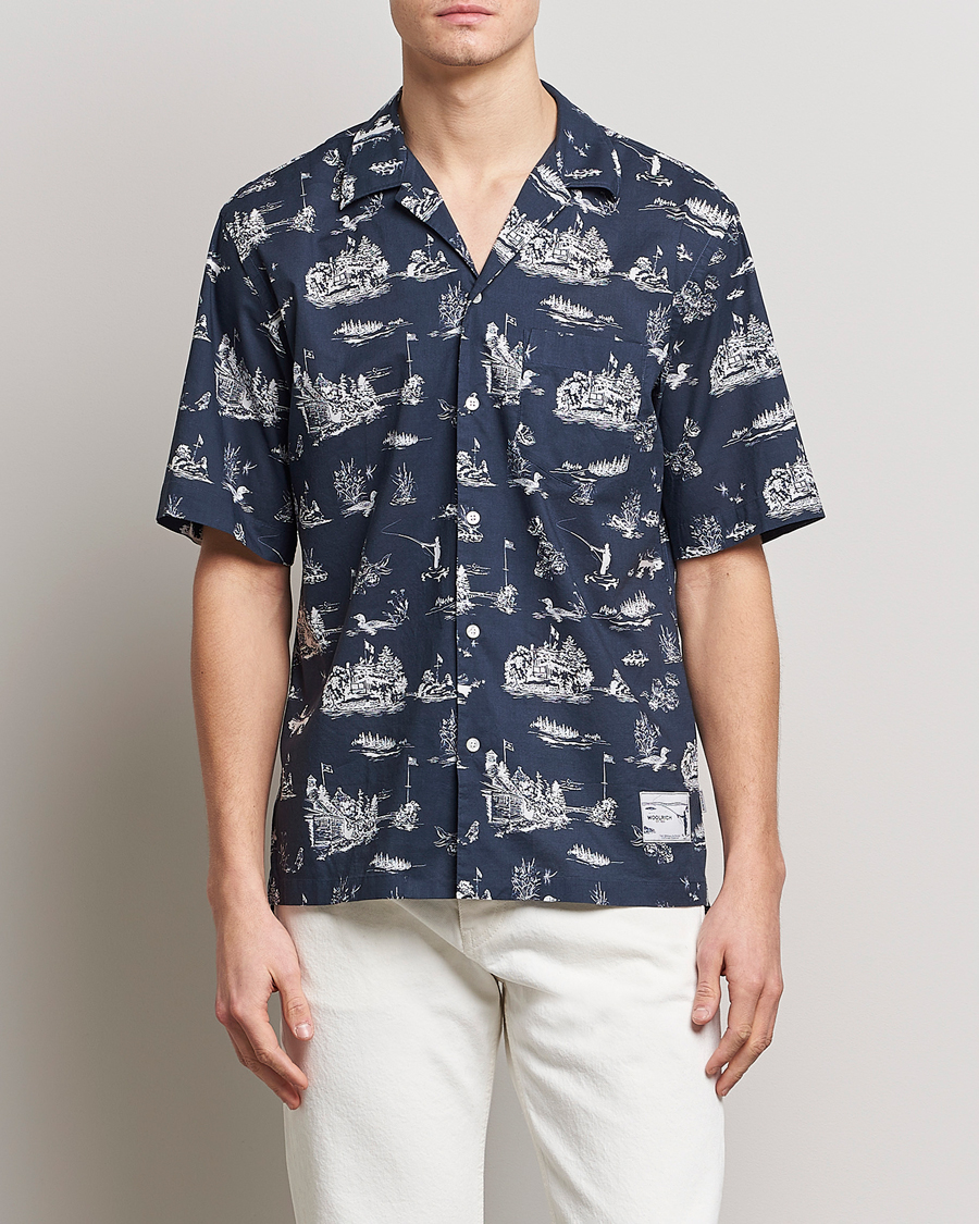 Herr | Skjortor | Woolrich | Zavikon Printed Short Sleeve Resort Shirt Melton Blue