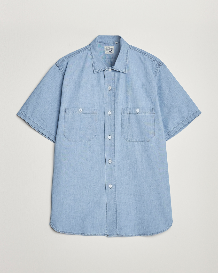 Herr | Skjortor | orSlow | Chambray Short Sleeve Work Shirt Light Blue