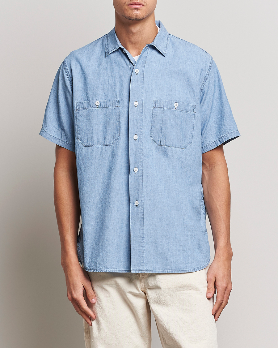 Herr | Skjortor | orSlow | Chambray Short Sleeve Work Shirt Light Blue