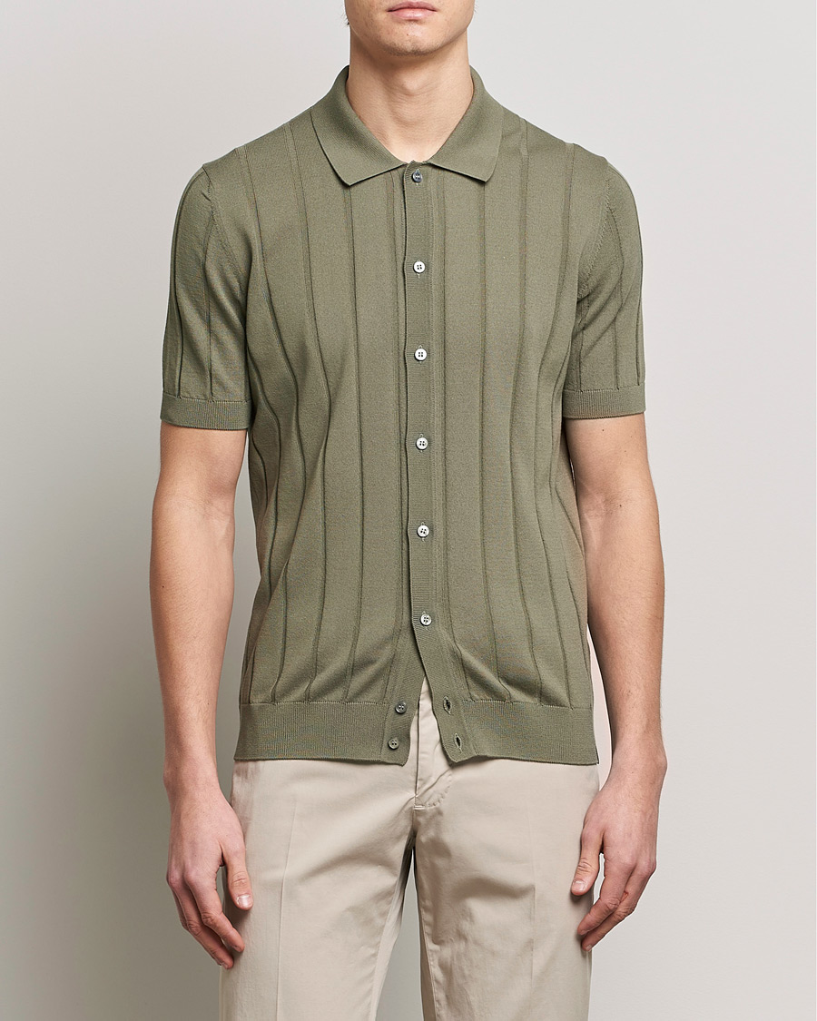 Herr | Skjortor | Lardini | Short Sleeve Knitted Cotton Crèpe Shirt Olive