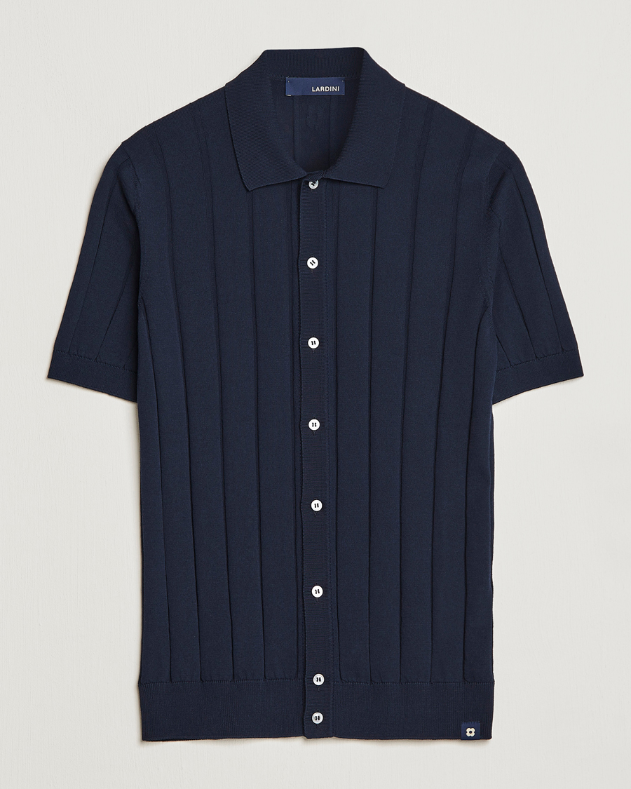 Herr | Skjortor | Lardini | Short Sleeve Knitted Cotton Crèpe Shirt Navy
