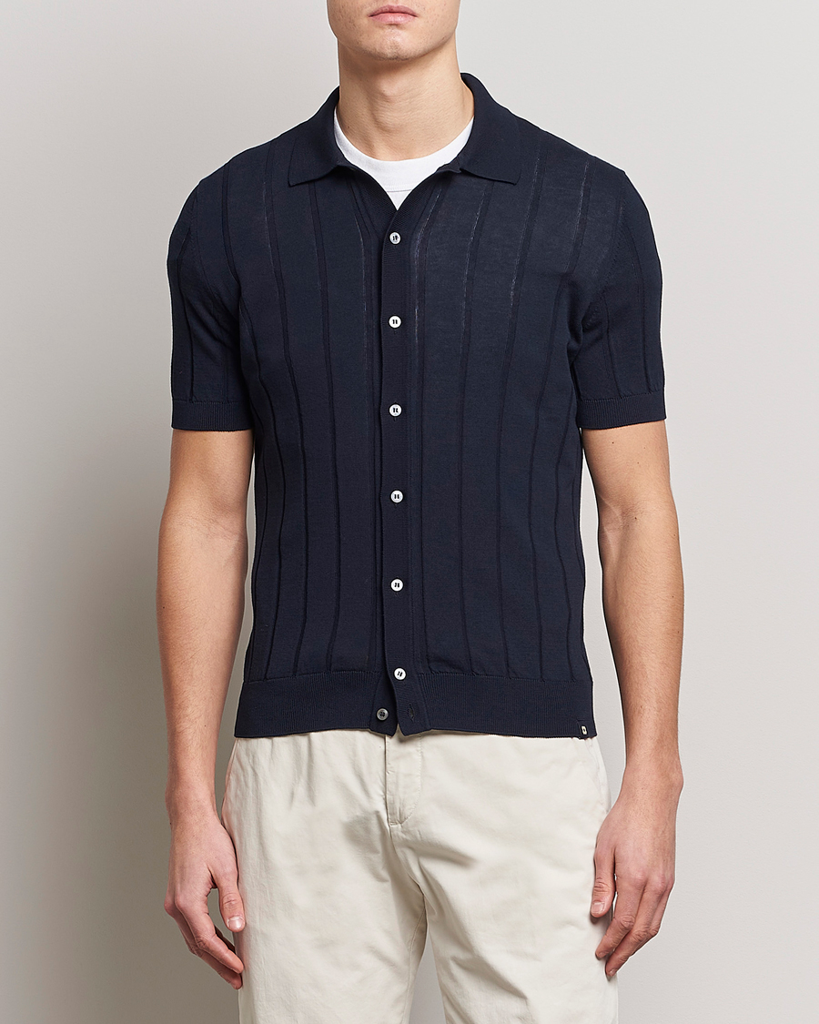 Herr | Skjortor | Lardini | Short Sleeve Knitted Cotton Crèpe Shirt Navy