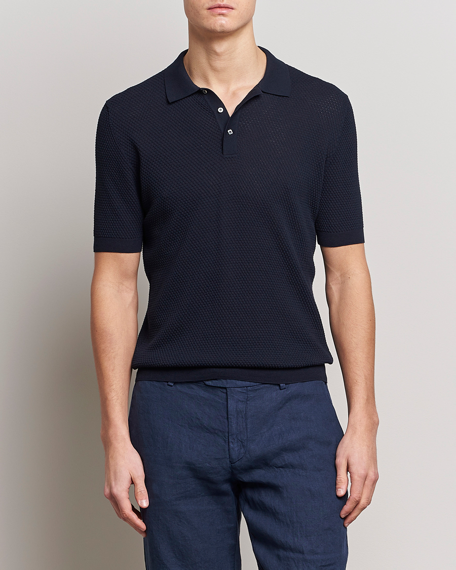 Herr | Pikéer | Lardini | Short Sleeve Knitted Structure Cotton Polo Navy