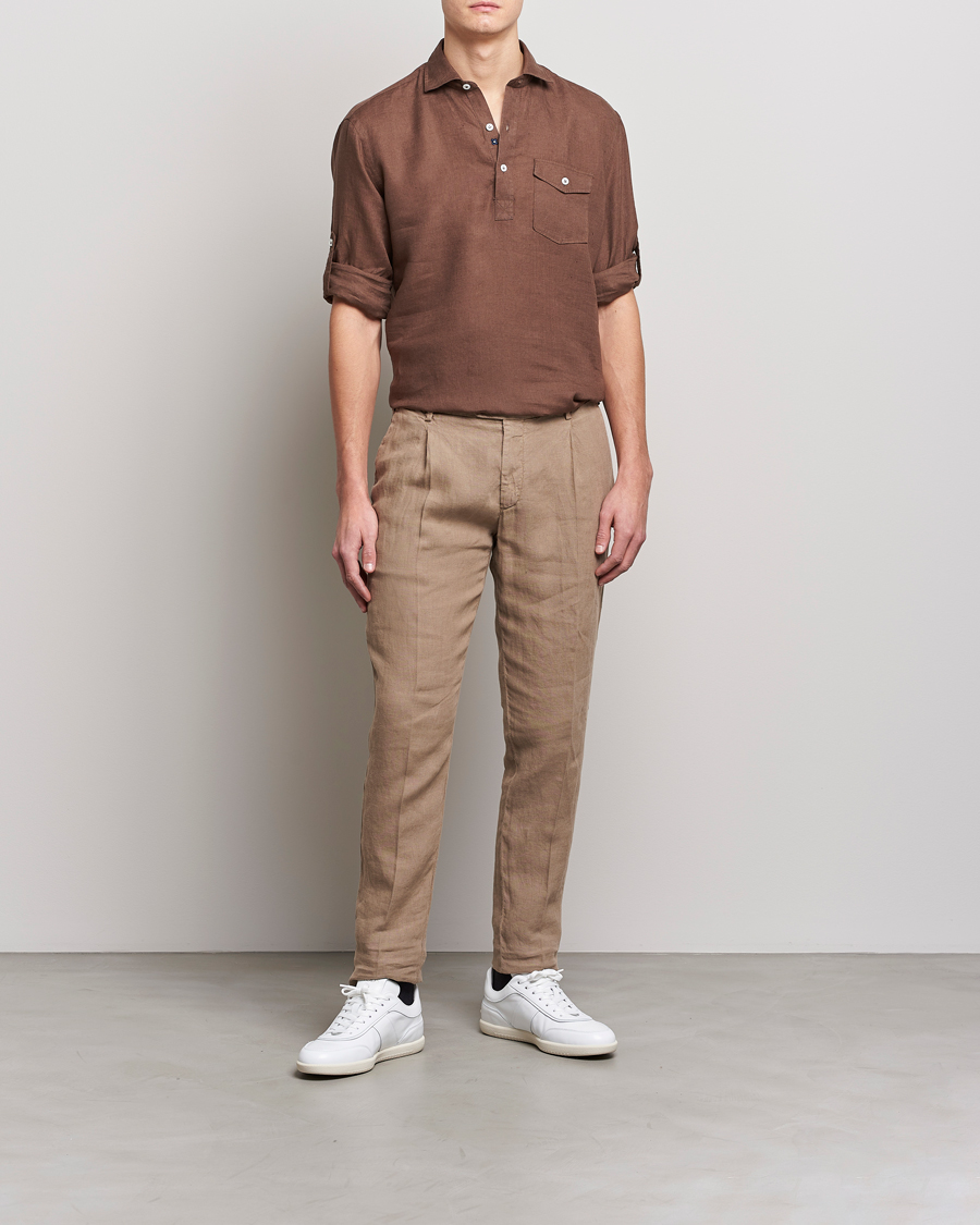Herr | Skjortor | Lardini | Relaxed Linen Popover Shirt Brown