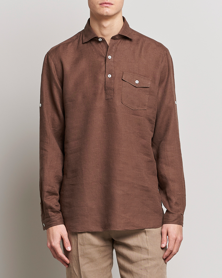Herr | Skjortor | Lardini | Relaxed Linen Popover Shirt Brown