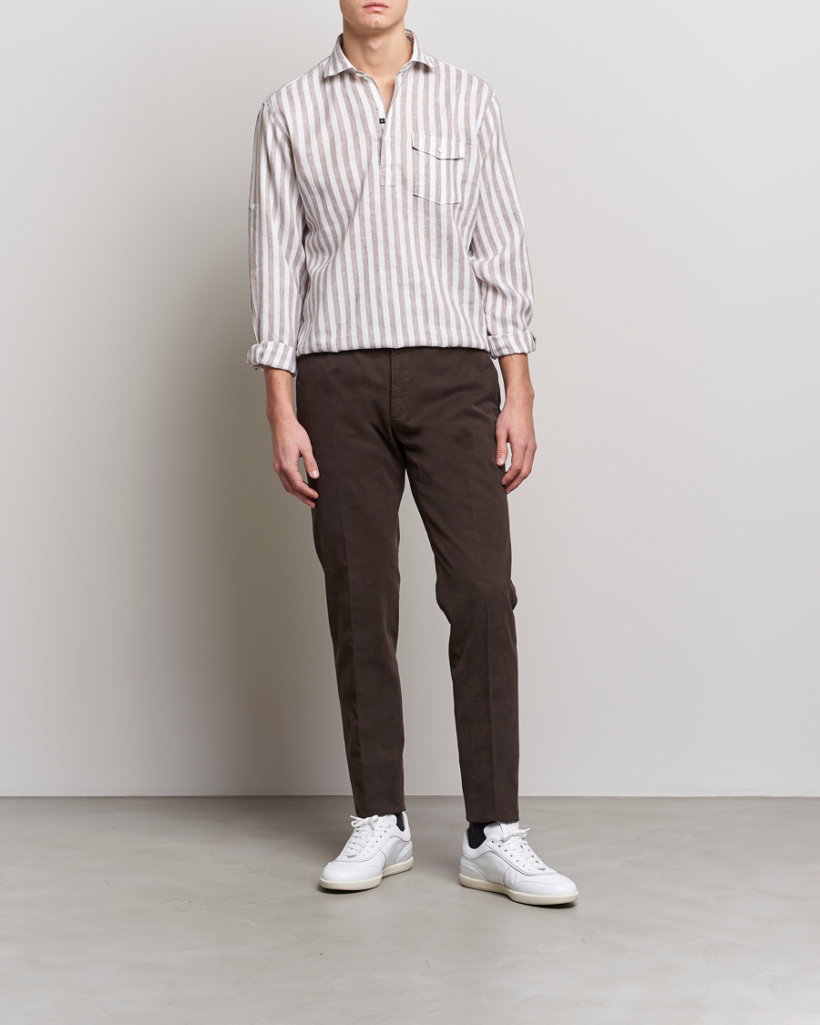 Herr | Skjortor | Lardini | Relaxed Striped Linen Popover Shirt Brown/White