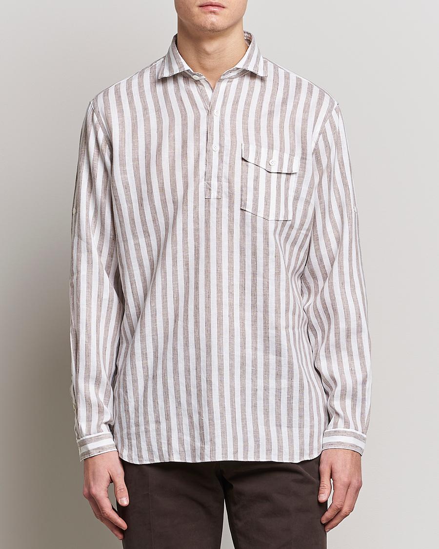Herr | Linneavdelningen | Lardini | Relaxed Striped Linen Popover Shirt Brown/White