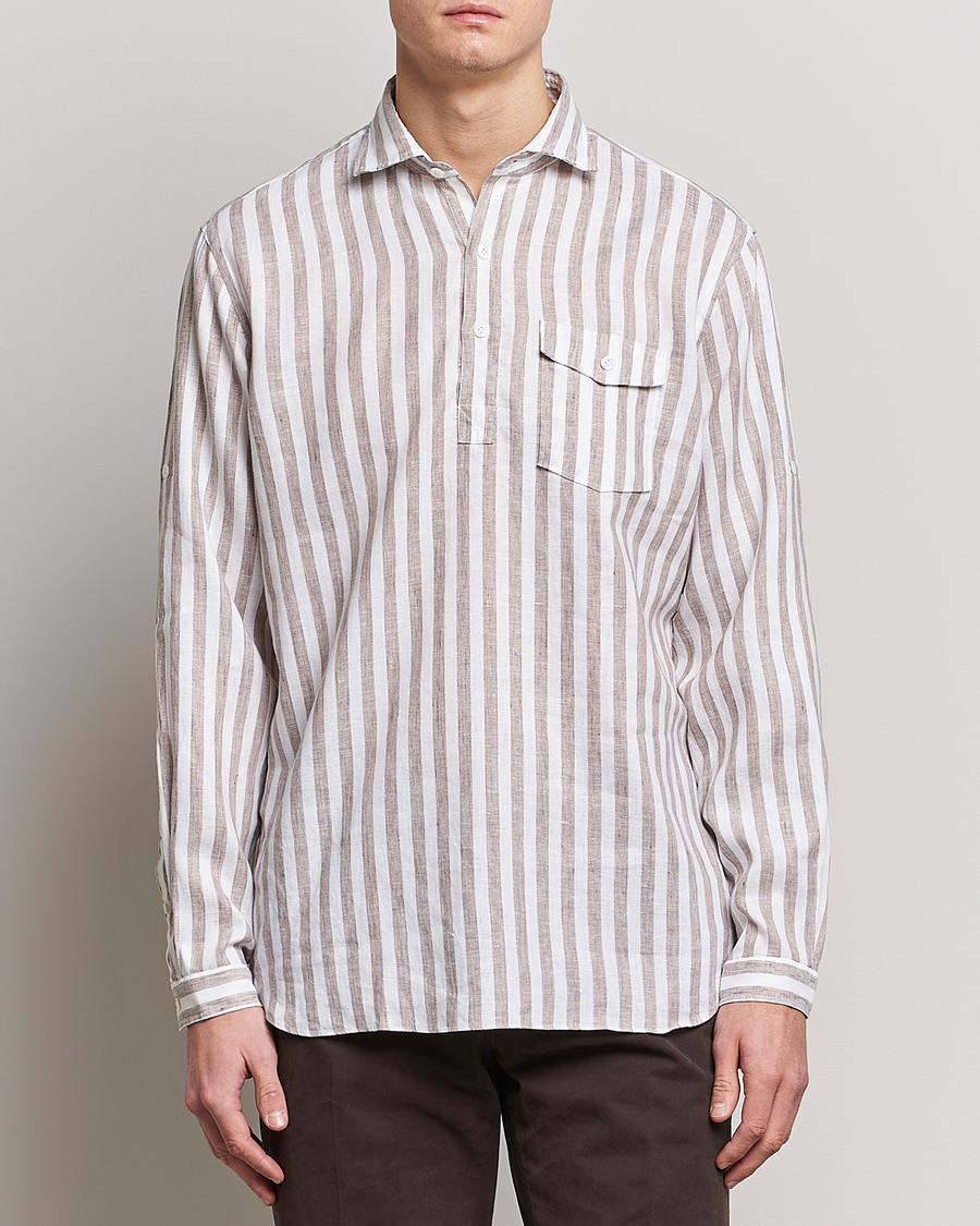 Herr | Skjortor | Lardini | Relaxed Striped Linen Popover Shirt Brown/White