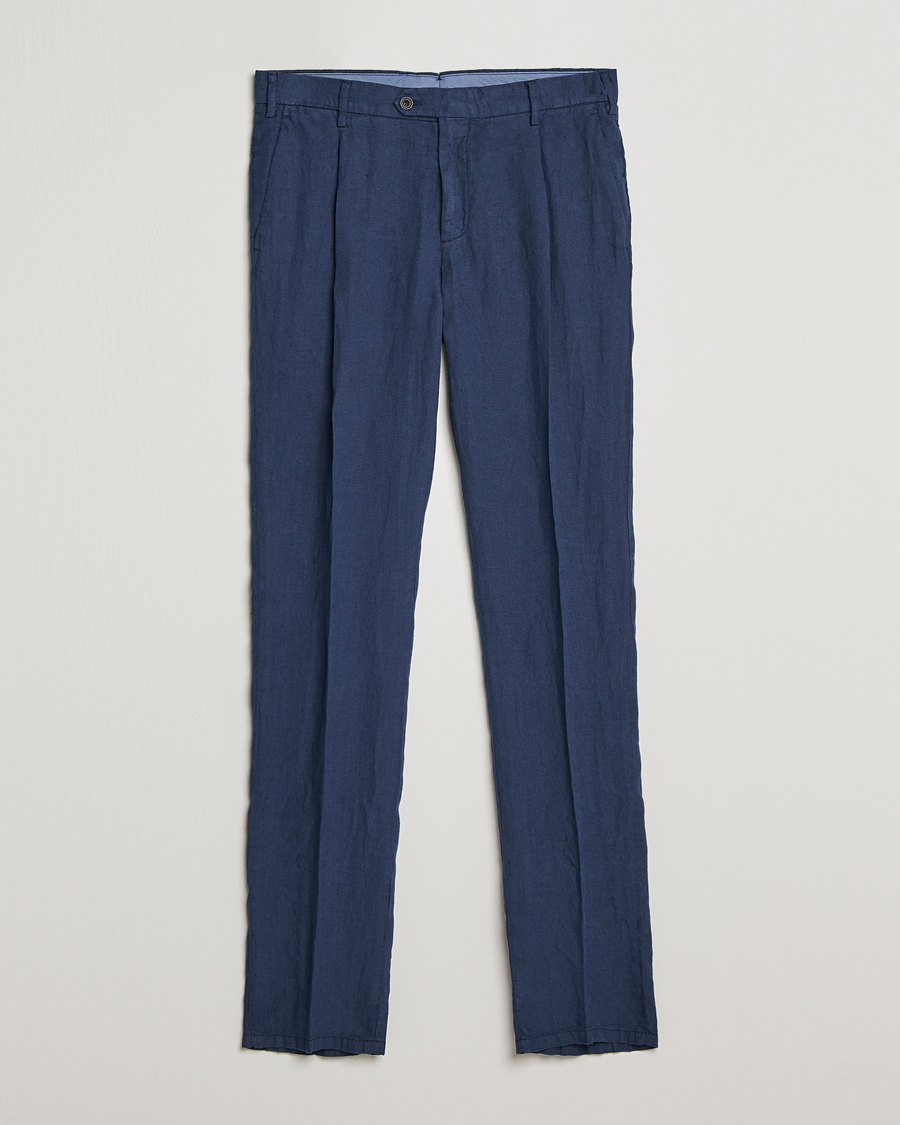 Herr | Byxor | Lardini | Pleated Linen Trousers Navy