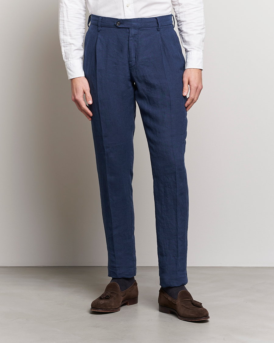 Herr | Byxor | Lardini | Pleated Linen Trousers Navy