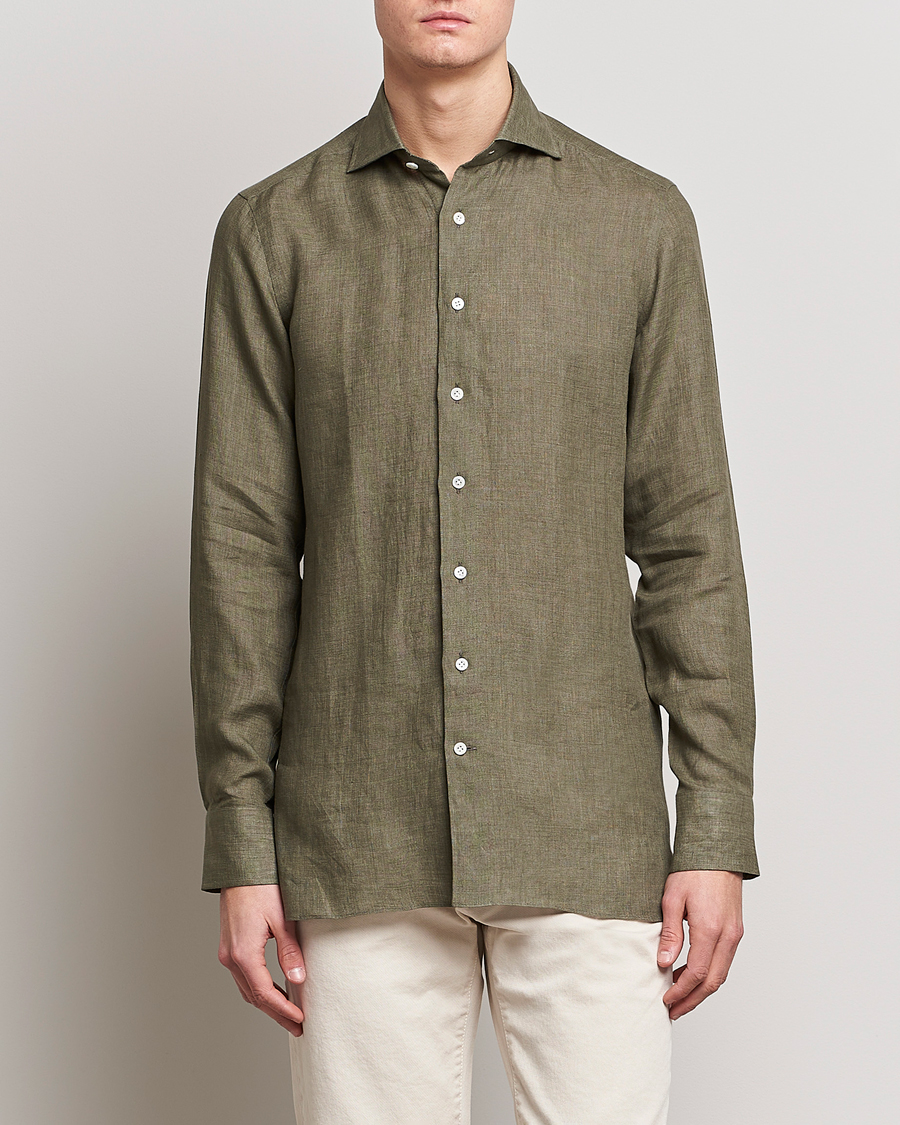 Herr | Luxury Brands | 100Hands | Signature Linen Cut Away Shirt Green