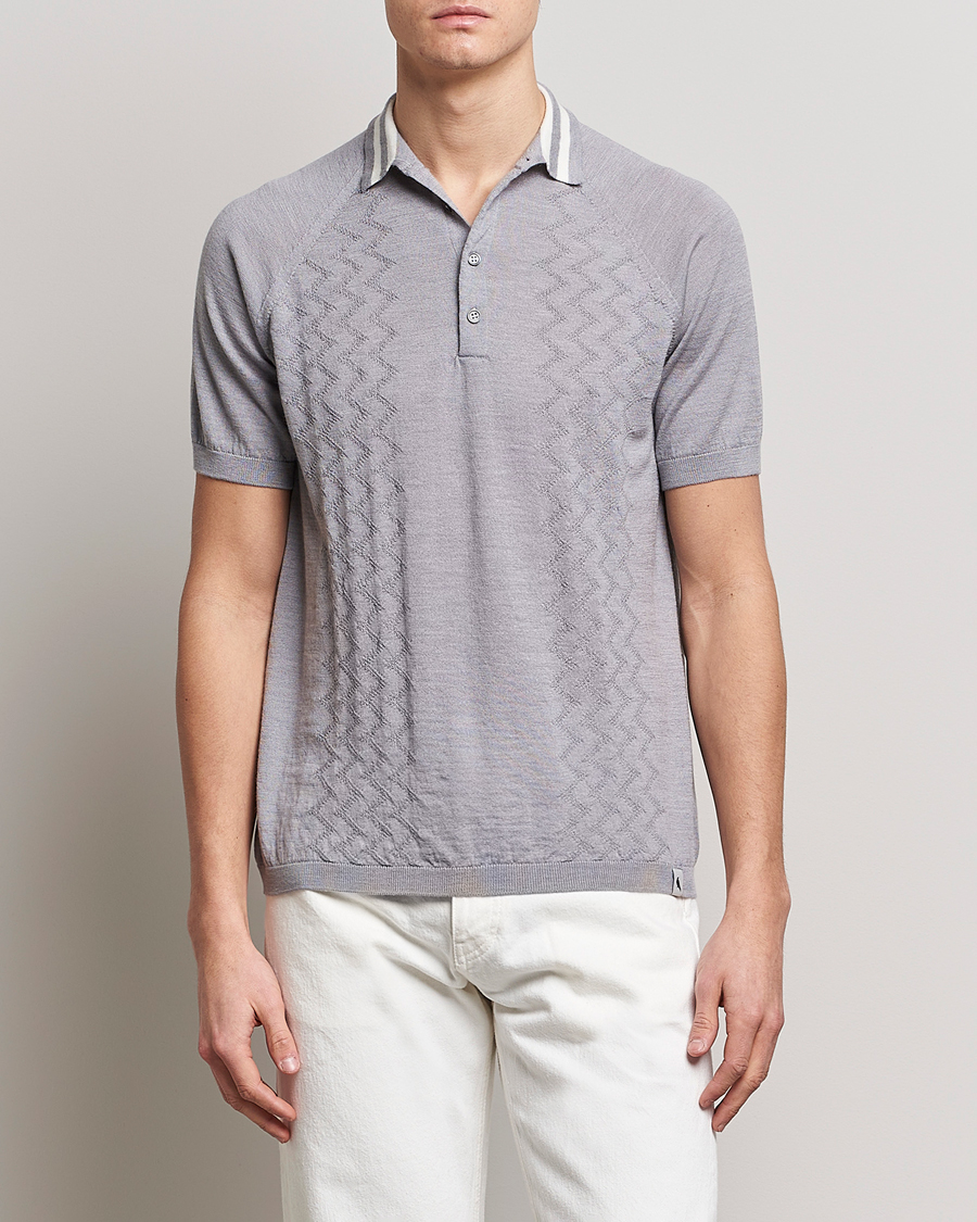 Herr |  | Peregrine | Textured Wool Short Sleeve Poloshirt Light Grey