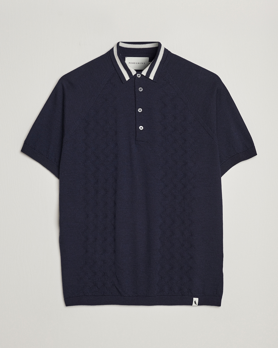 Herr | Pikéer | Peregrine | Textured Wool Short Sleeve Poloshirt Navy