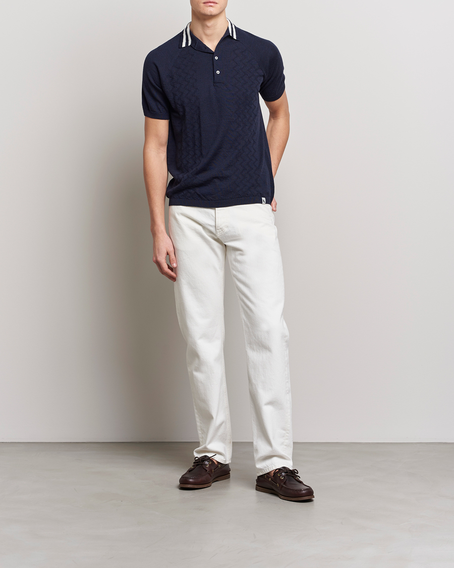 Herr | Pikéer | Peregrine | Textured Wool Short Sleeve Poloshirt Navy