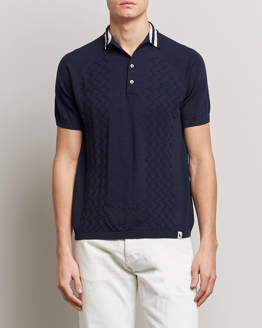 Herr | Pikéer | Peregrine | Textured Wool Short Sleeve Poloshirt Navy