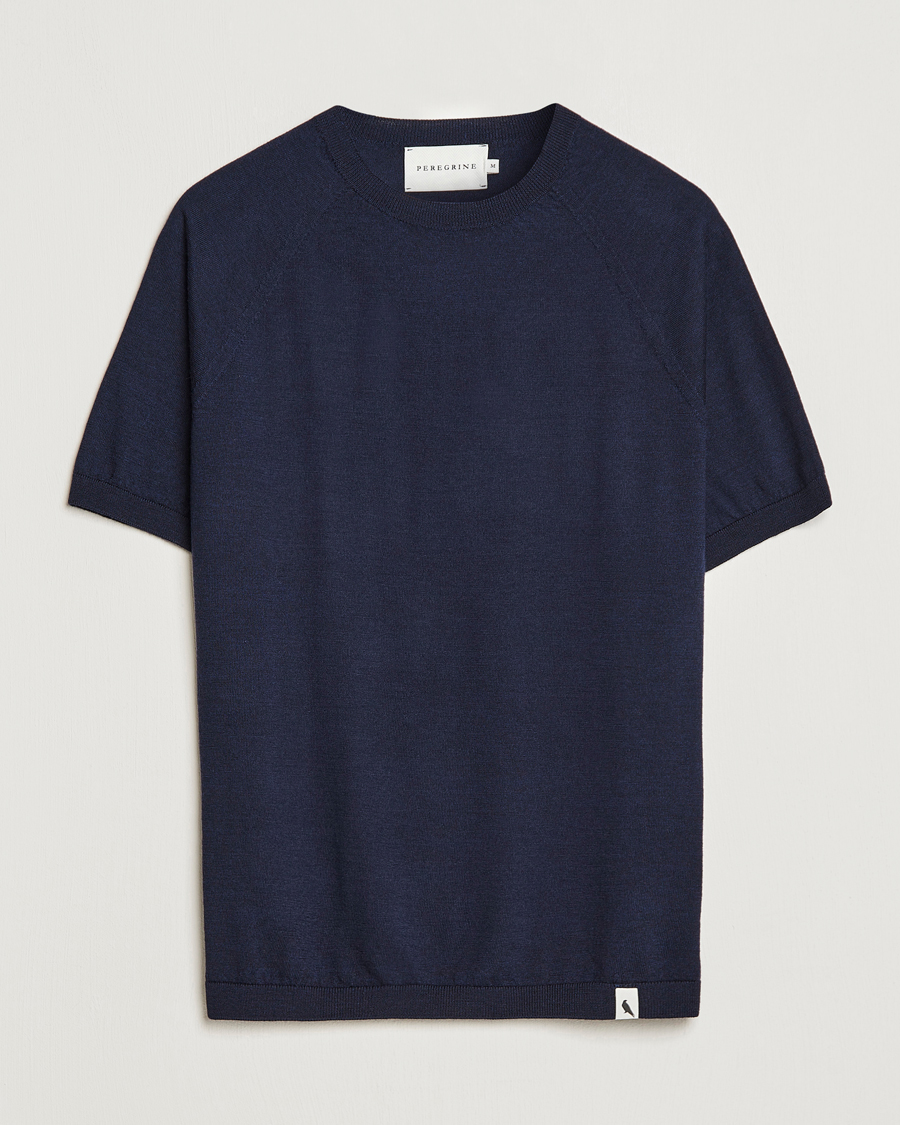 Herr | T-Shirts | Peregrine | Knitted Wool T-Shirt Navy